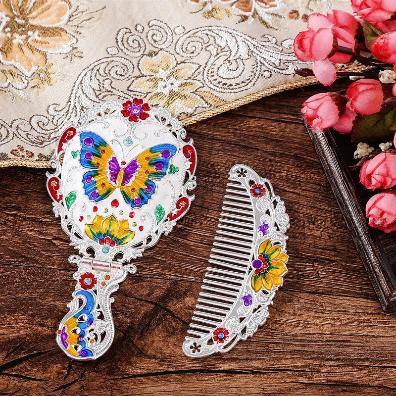 L327 Handle Mirror Comb Retro Euporen 3D Foldable Desktop Princess Mirro with Storage Gift Box Portable Standing Makeup Mirr