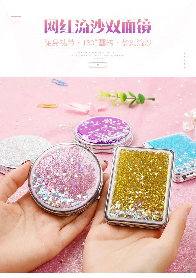 TSHOU1041  Hand Mirror Double-sided Mirror Quicksand Sequins Portable Makeup Mirror Travel Size Creative Design Cute Gift for