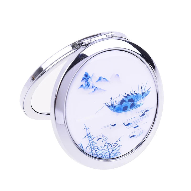 CX67 Double Sided Magnifying Folding Makeup Mirror White and Blue Porcelain Mirrors Mini Makeup Compact Pocket Mirror