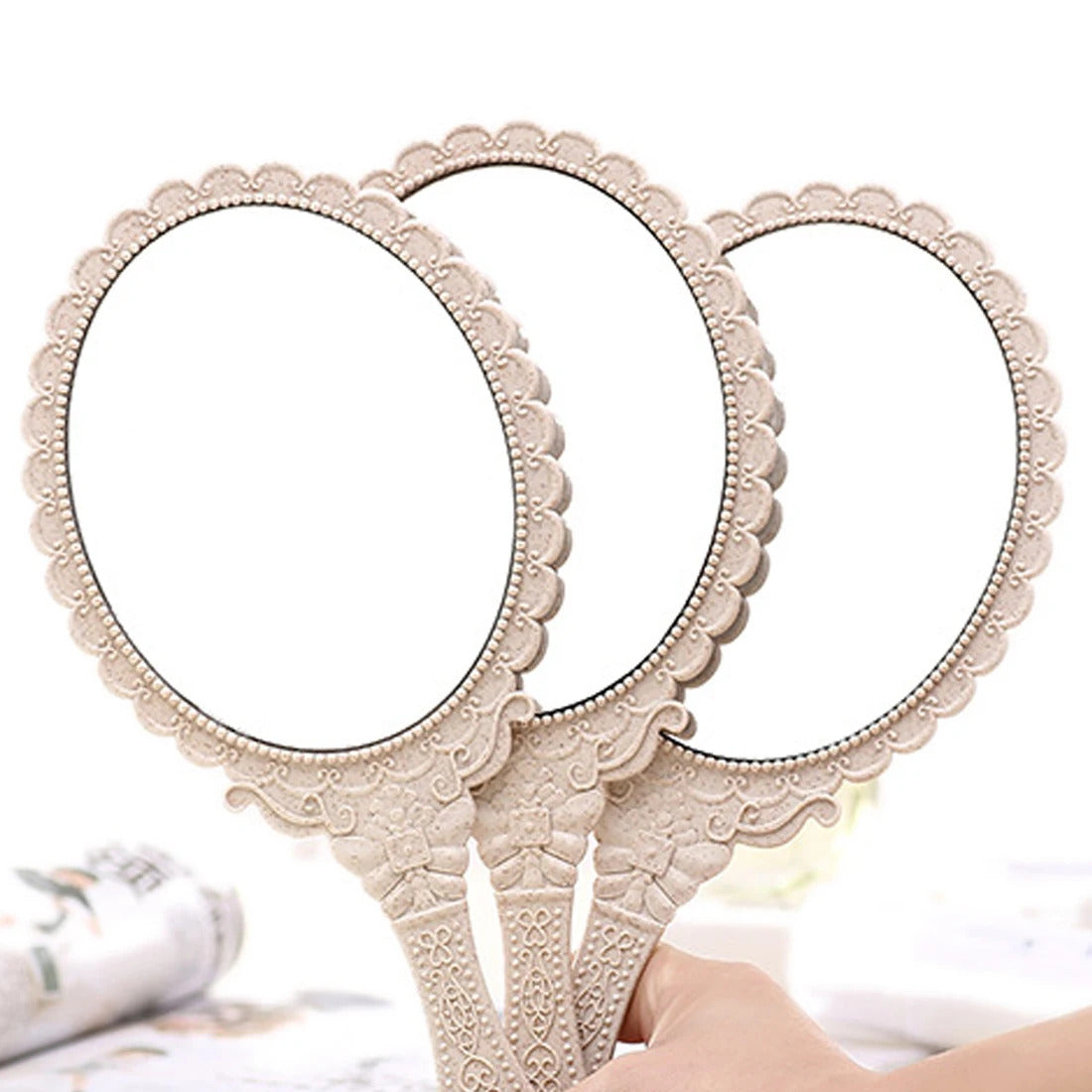 L289 hot European Style Vintage Handheld Roses Mirror Princess Women Girls Oval Vanity Makeup Cosmetic Tool with Anti-Slip
