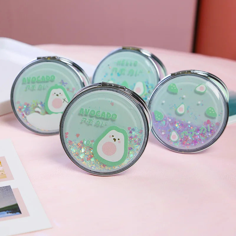 CX305 Portable Double-Sided Folding Cosmetic Mirror Girl Gift Flowing Sparkling Sand Mini Avocado Makeup Mirror Compact