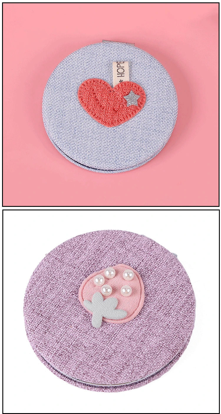 TSHOU874 Double-sided Mirror Makeup Magnifying Handmade Fabric Art DIY Hairy Random Pattern Portable Pocket Mirror