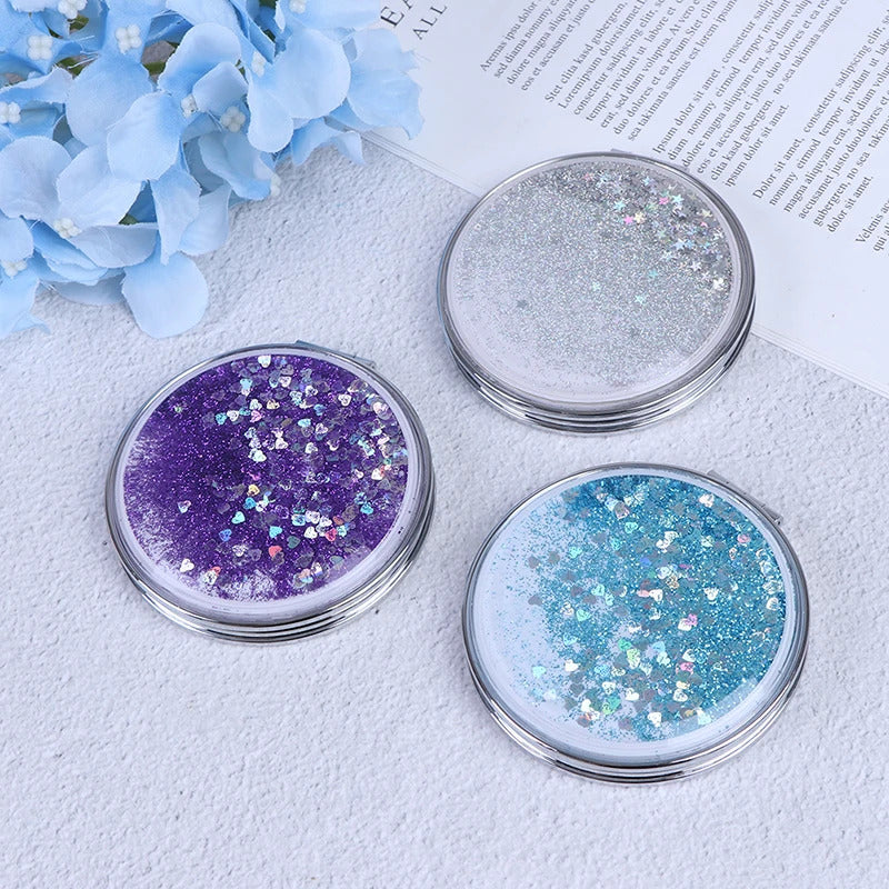 TSHOU1018 Portable Mini Makeup Mirror Compact Pocket Mirror Double-Sided Folding Cosmetic Mirror Female Gifts With Flowing Sparkling