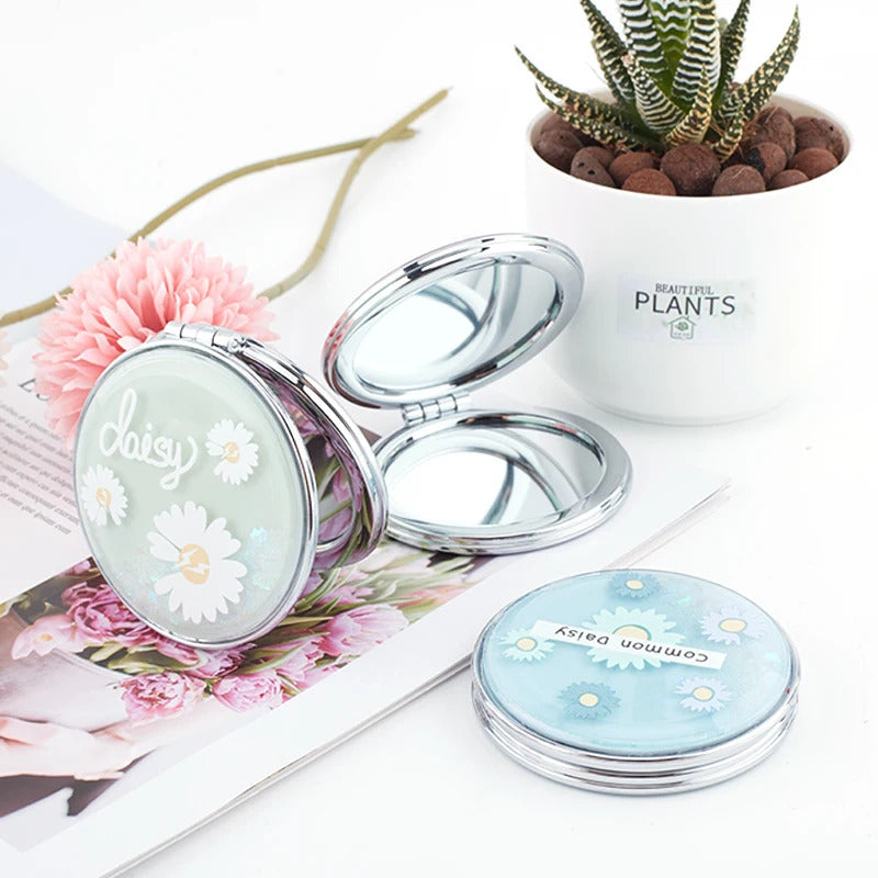 TSHOU557 Mini Makeup Fresh Flowers Mirror Compact Pocket Mirror Portable Double-Sided Folding Cosmetic Mirror Gifts