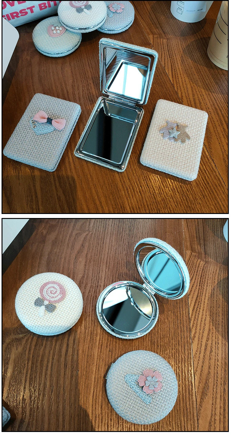 TSHOU1012  Double-sided Mirror Makeup Magnifying Handmade Fabric Art DIY Hairy Random Pattern Creative Gifts Portable Travel
