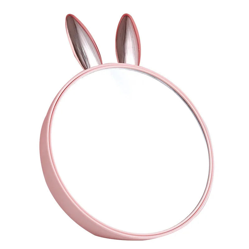 DSHOU103 Round Makeup Mirror with Cosmetic Storage Box Creativity Cute Rabbit Ear Design Make Up Standing Mirror with Brush