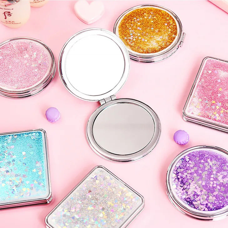 CX125 Portable Double-Sided Folding Cosmetic Mirror Female Gifts With Flowing Sparkling Sand Mini Makeup Mirror Compact