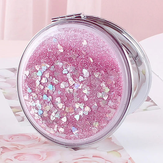 CX125 Portable Double-Sided Folding Cosmetic Mirror Female Gifts With Flowing Sparkling Sand Mini Makeup Mirror Compact