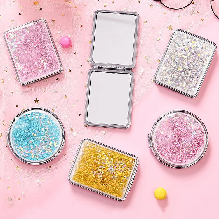 tshou506 Portable Double-Sided Folding Cosmetic Mirror Female Gifts With Flowing Sparkling Sand Mini Makeup Mirror Compact