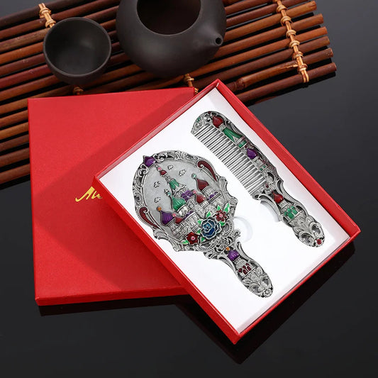 TSHOU574 Make Up Mirror Chinese Vintage Hollow-out Carving Rhinestone Mirror Comb Set with Gift Box Elegant Pocket Mirror