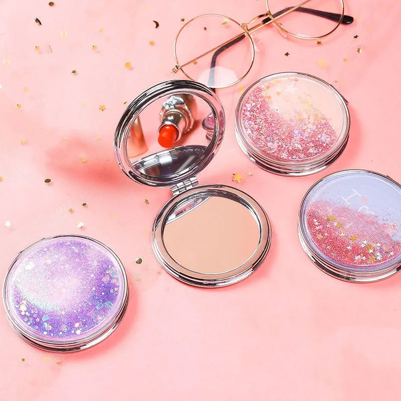 TSHOU924 Fashion 2-Face Mini Pocket Makeup Mirror Creative Cosmetic Compact Mirrors with Flowing Sparkling Sand Cartoon Pocket
