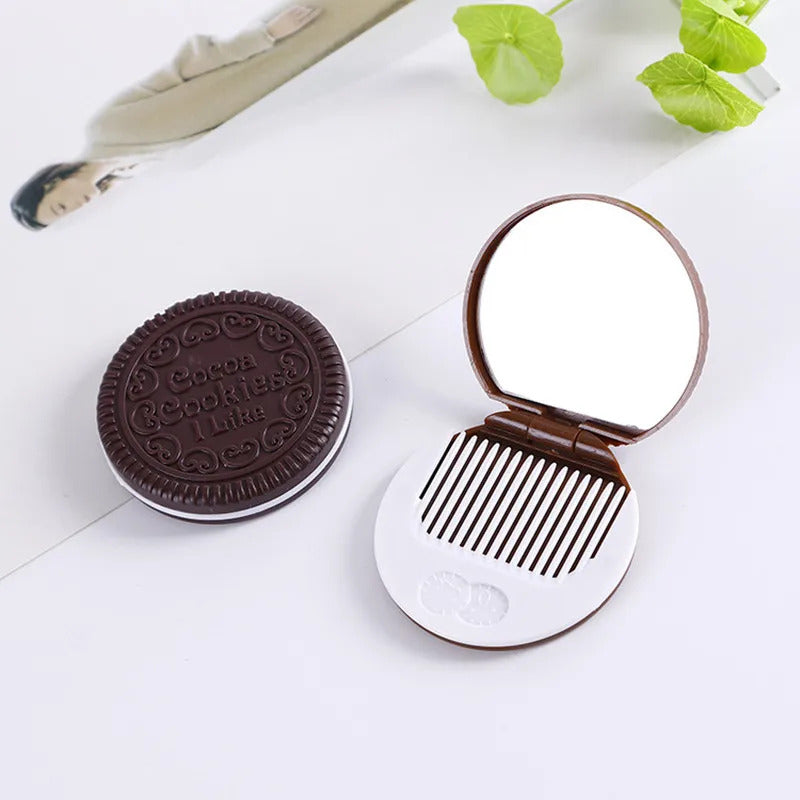 TSHOU599 New arrivals Women Makeup Tool Pocket Mirror Make up Mirror Mini Dark Brown Cute Chocolate Cookie Shaped With Comb