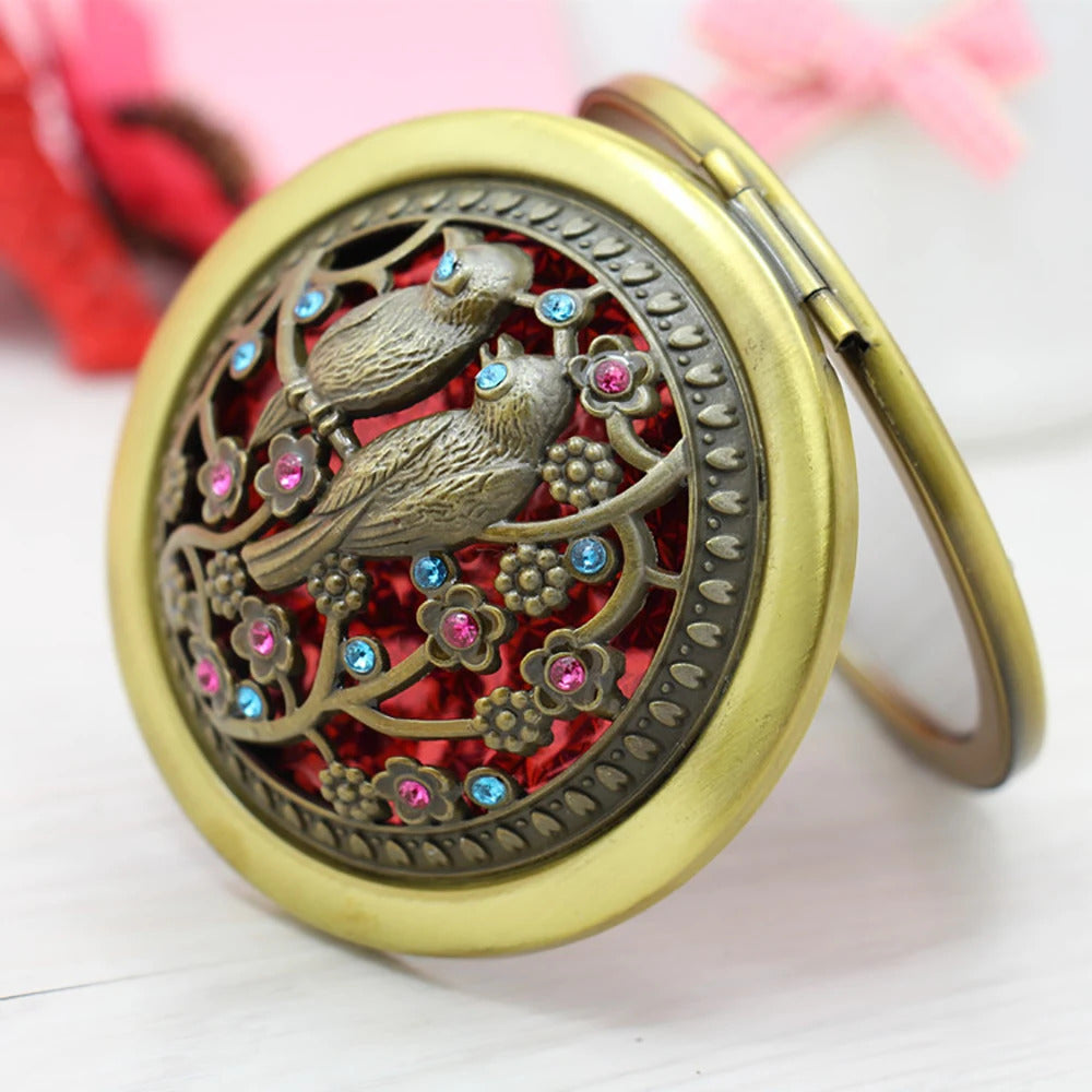 TSHOU967 Foldab Metal Bronze Makeup Mirror Hollow out round  Pocket Mirror Portable Double Sided Retro Style Mirror Makeup Tools