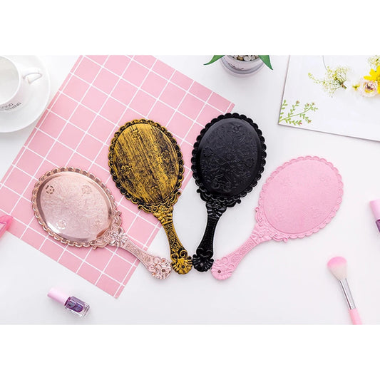 TSHOU592 Handhold Makeup Mirror Vintage Black Repousse Floral Oval Round Cosmetic Hand Held Mirror For Ladies Beautyr