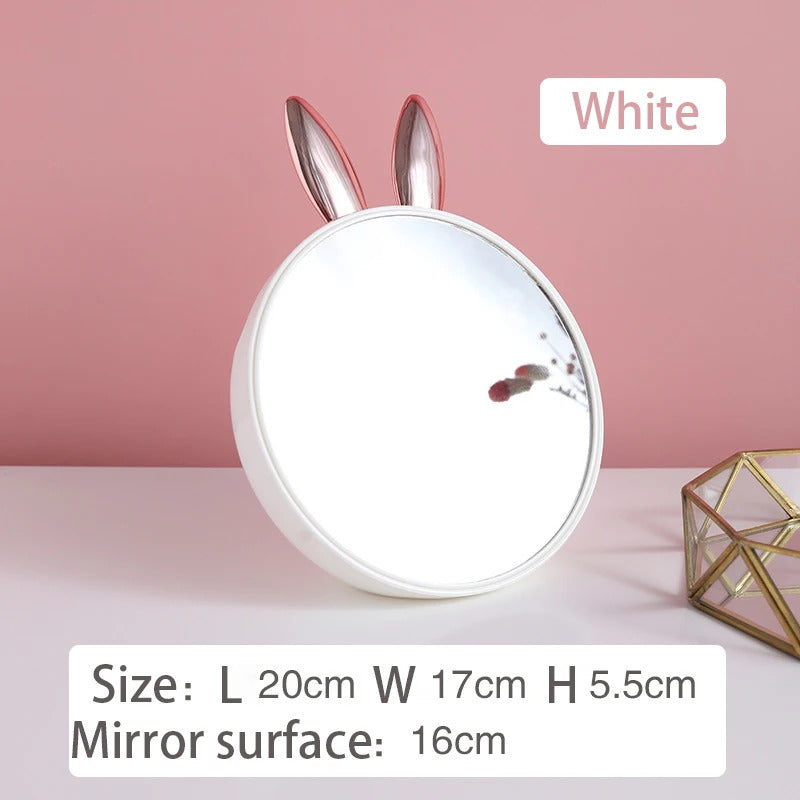 CASHOU29 Round Makeup Mirror with Cosmetic Storage Box Creativity Cute Rabbit Ear Design Make Up Standing Mirror with Brush