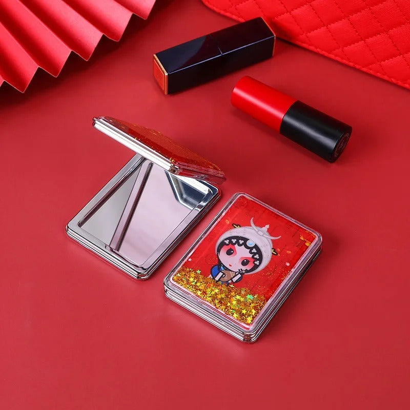 DA15  Makeup Mirror Magnifying Quicksand Sequin Chinese Opera Doll Cartoon Pattern Portable Pocket Mirror Travel Creative Gifts
