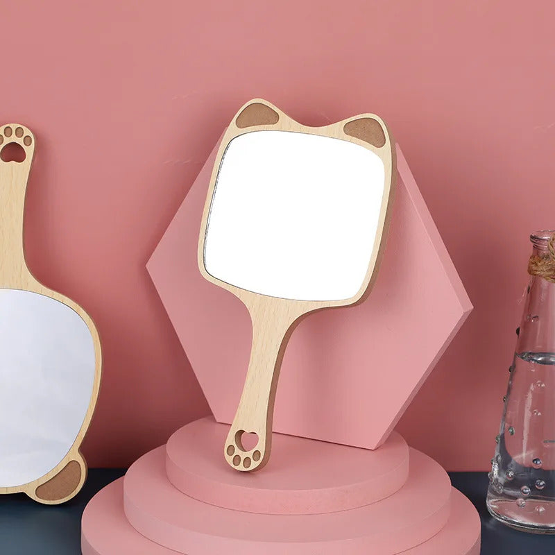 cx205 Hand Mirrors Wood Creative Design Makeup Handheld Cosmetic Mirror with Handle Makeup Mirror Cute Cat Ear Mirror