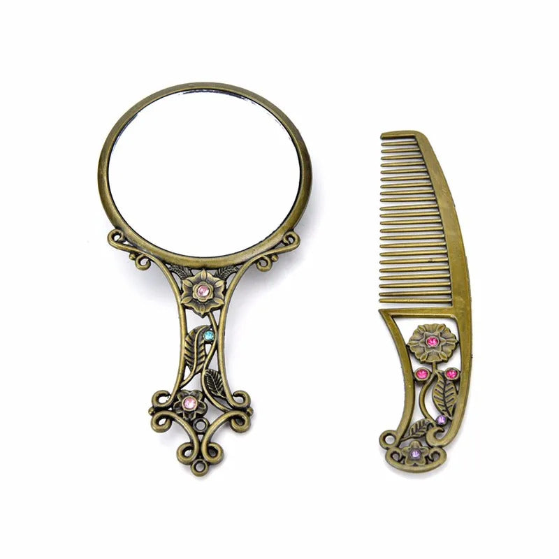 L246 Classic Chic Retro Vintage Pocket Mirror Compact Makeup Mirrors Comb Set Hand Make Up Bronze Hollowed-Out