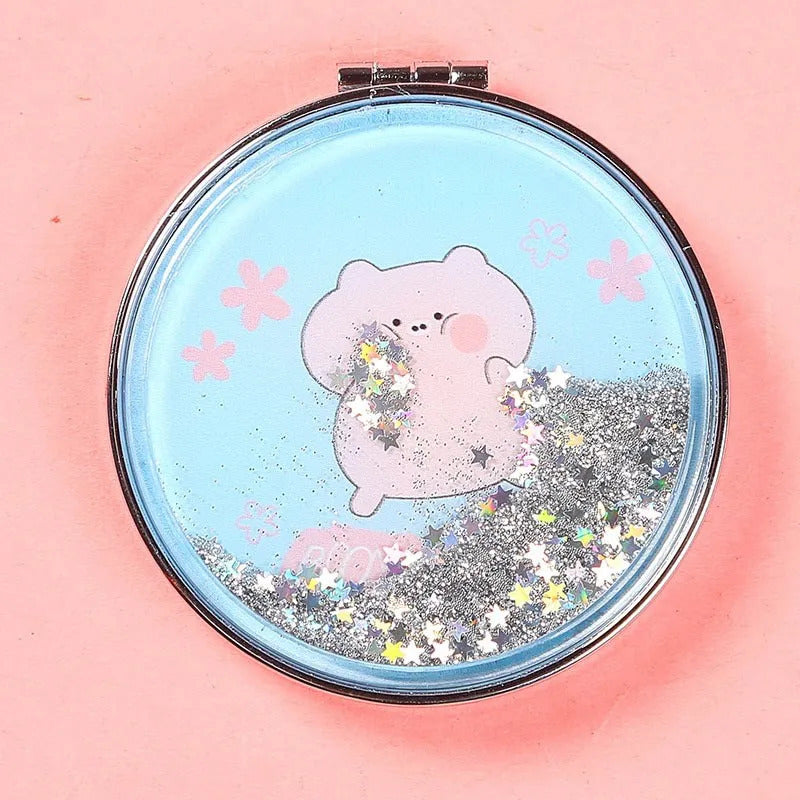TSHOU924 Fashion 2-Face Mini Pocket Makeup Mirror Creative Cosmetic Compact Mirrors with Flowing Sparkling Sand Cartoon Pocket