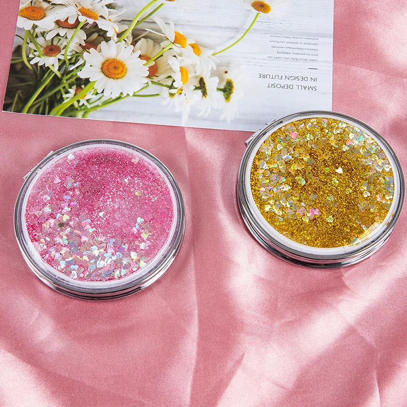 CX700 Portable Double-Sided Folding With Flowing Sparkling Sand Mini Makeup Mirrors 1 Pcs