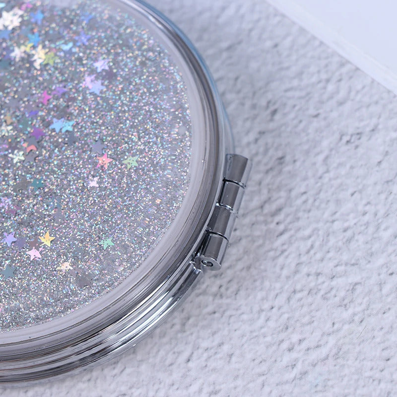 GU456 Portable Mini Makeup Mirror Compact Pocket Mirror Double-Sided Folding Cosmetic Mirror Female Gifts With Flowing Sparkling
