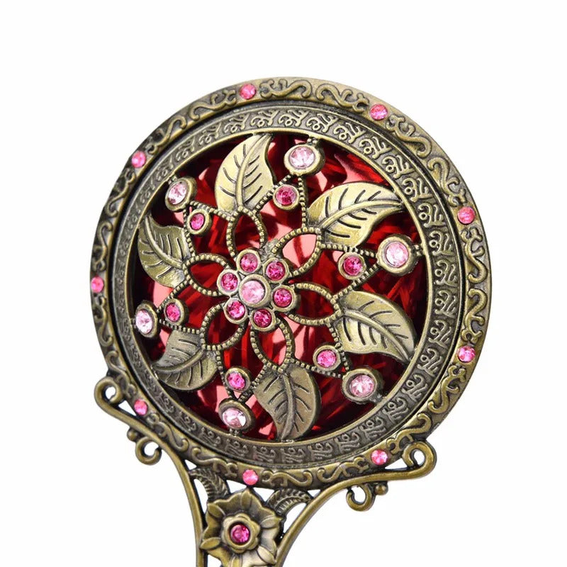 TSHOU1000  Women Chic Retro Vintage pocket Mirror Compact Makeup Mirrors Comb Set Hand Make Up Bronze Hollowed-Out Make Up
