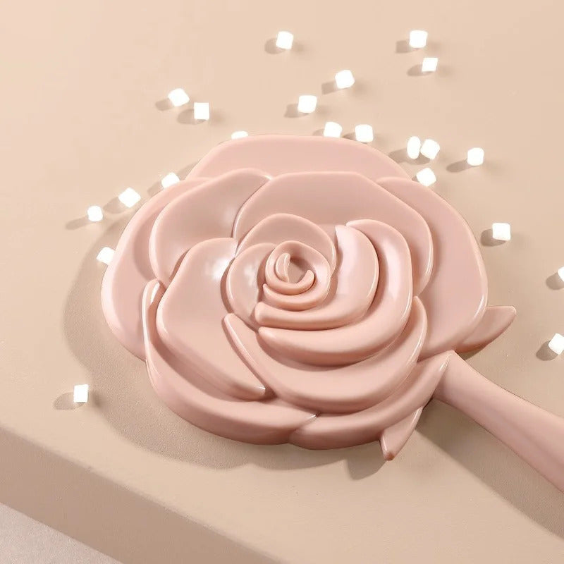 DSHOU287 Cute Makeup Mirror Elegant Rose Shape Design Handle Mirror Princess Tiny Mirror Portable Travel Size Pink Fixing Makeup