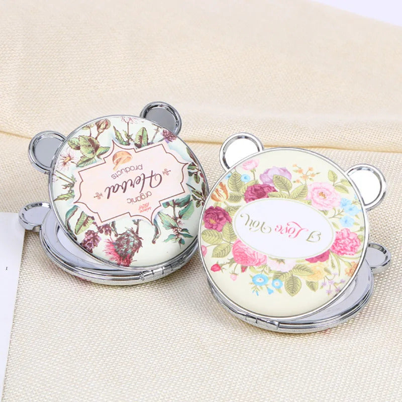 CASHOU157 Mini Retro Makeup Mirror panda Makeup Compact Pocket Flower Mirror Portable Double-Sided Folding Cosmetic Mirror