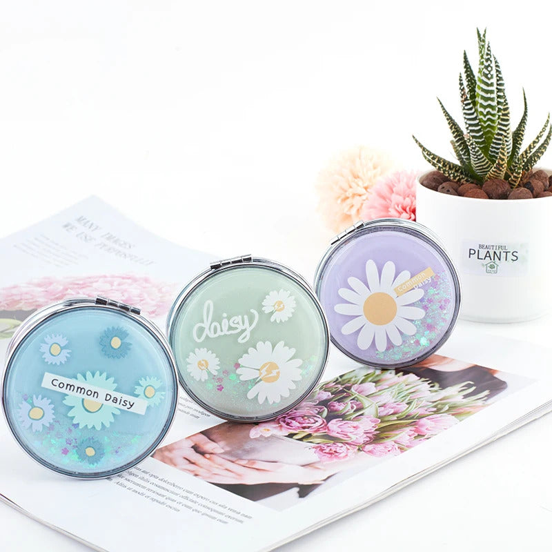 TSHOU557 Mini Makeup Fresh Flowers Mirror Compact Pocket Mirror Portable Double-Sided Folding Cosmetic Mirror Gifts