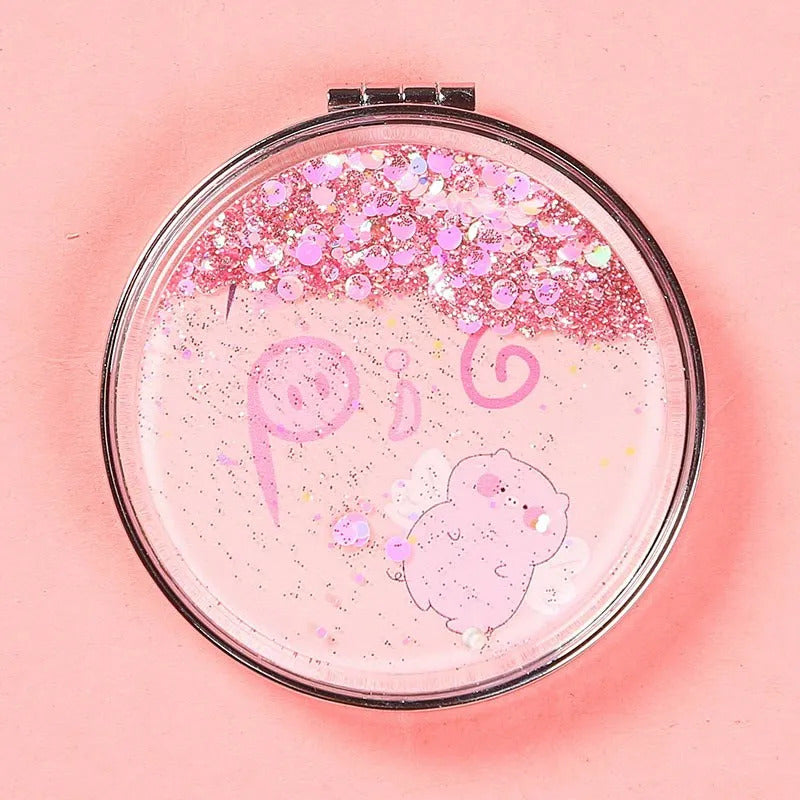 TSHOU924 Fashion 2-Face Mini Pocket Makeup Mirror Creative Cosmetic Compact Mirrors with Flowing Sparkling Sand Cartoon Pocket