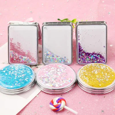 CX375 Fashion Mini Pocket Makeup Mirror Creative Cosmetic Compact Mirrors with Flowing Sparkling Sand Can Wholesale Lettering