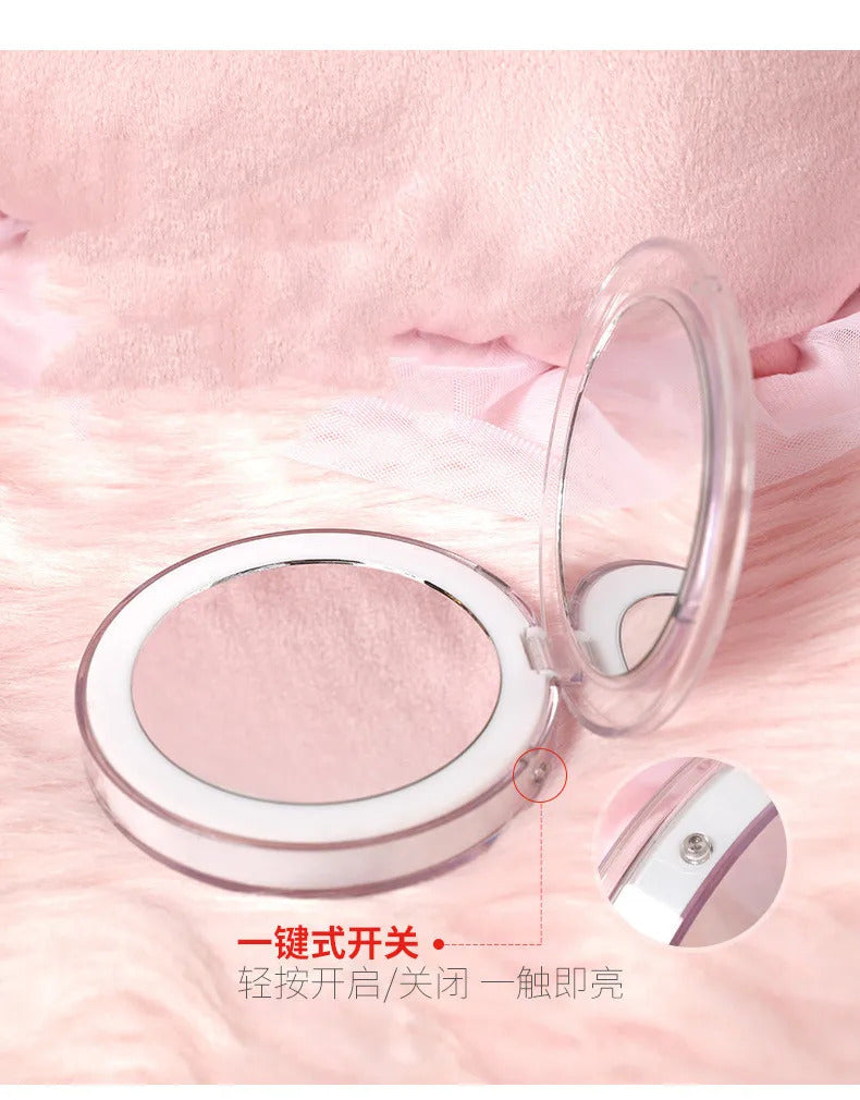 TSHOU747 LED Mini Makeup Mirror Hand Held Fold Small Portable Micro USB Connect Cable Chargeableable Cosmetic Mirror Makeup Tool