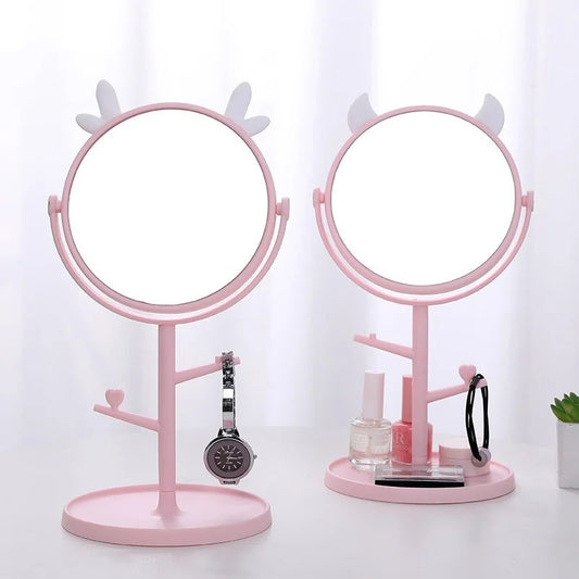 CX226  Makeup Mirror Table Desktop Countertop Base Use for Bathroom Travel Ordinary Pink Cat Ear Mirror