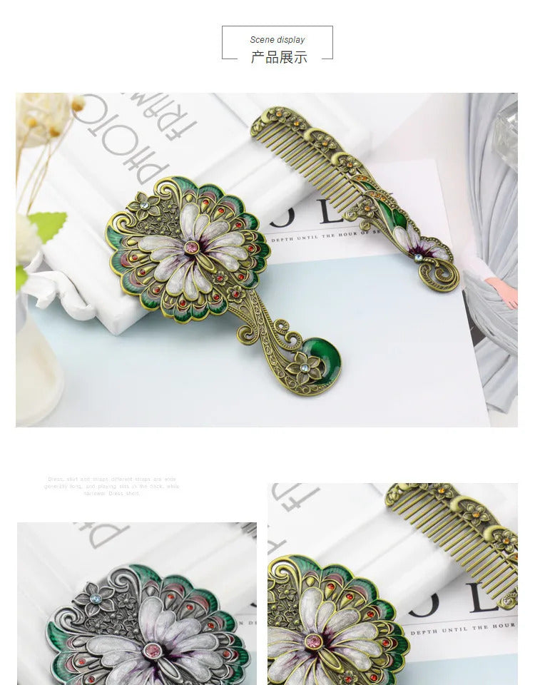 CX427 Portable Makeup Mirror Comb Set Handle Mirror Comb Retro Euporen 3D Butterfly Pattern Princess Mirror with Storage
