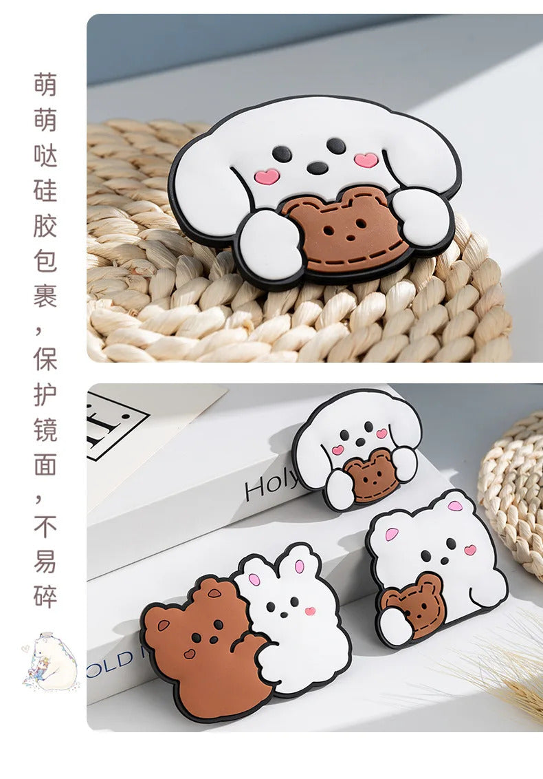 DSHOU183 Portable Cute Mini Mirror Cartoon Little Rabbit Bear Pattern Gift for Little Girls Silicone Purse Mirror