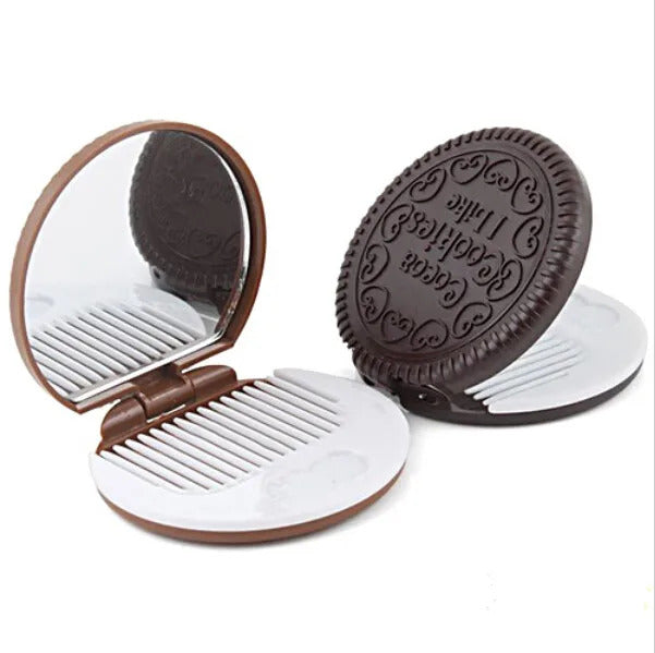 L594  Make Up Mirrors With Comb Girls Women Mini Pocket Mirrors  Cute Chocolate Cookie Shaped Mirror Makeup