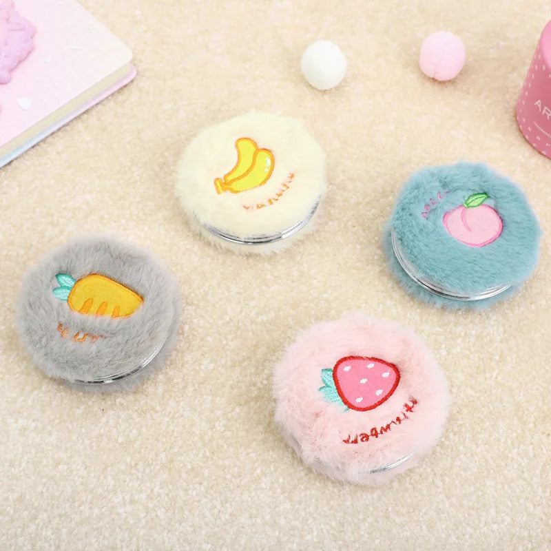 TSHOU865 Pocket Mirror Cartoon Fruit Animal Women Girls Plush Mini Round Folding Embroidery Random Color Portable Double SidE