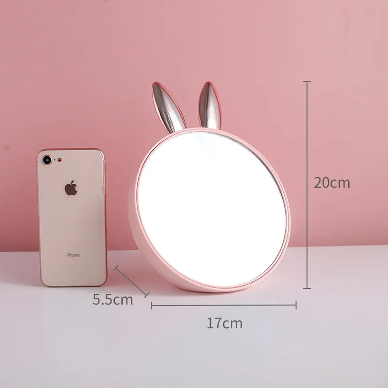 CASHOU29 Round Makeup Mirror with Cosmetic Storage Box Creativity Cute Rabbit Ear Design Make Up Standing Mirror with Brush