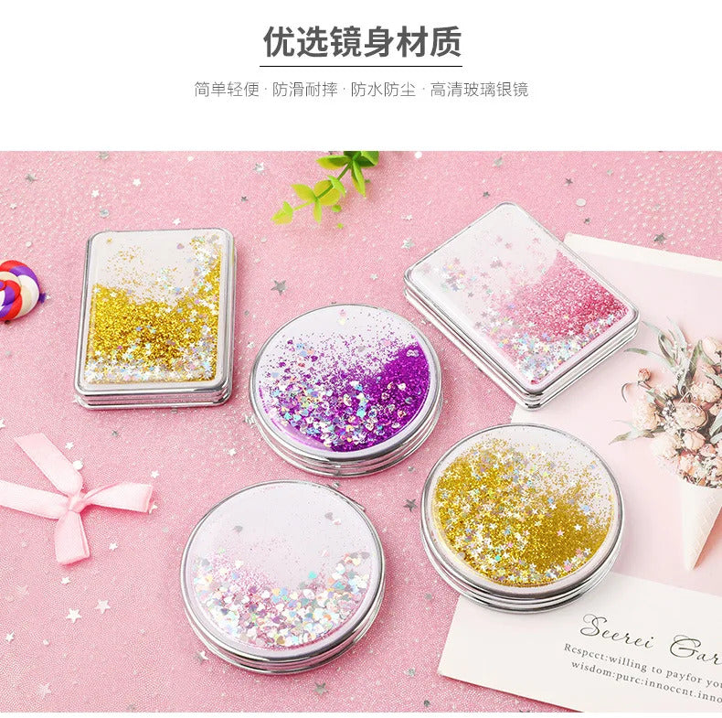CX722 Hand Mirror Double-sided Mirror Quicksand Sequins Portable Makeup Mirror Travel Size Creative Design Cute Gift for