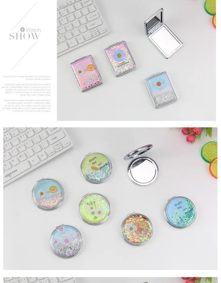CX311 Double-sided Makeup Mirror Portable Quicksand Sequins Daisy Pattern Cute Girl's Gift Hand Mirror Pocket 2-face Makeup Mirro