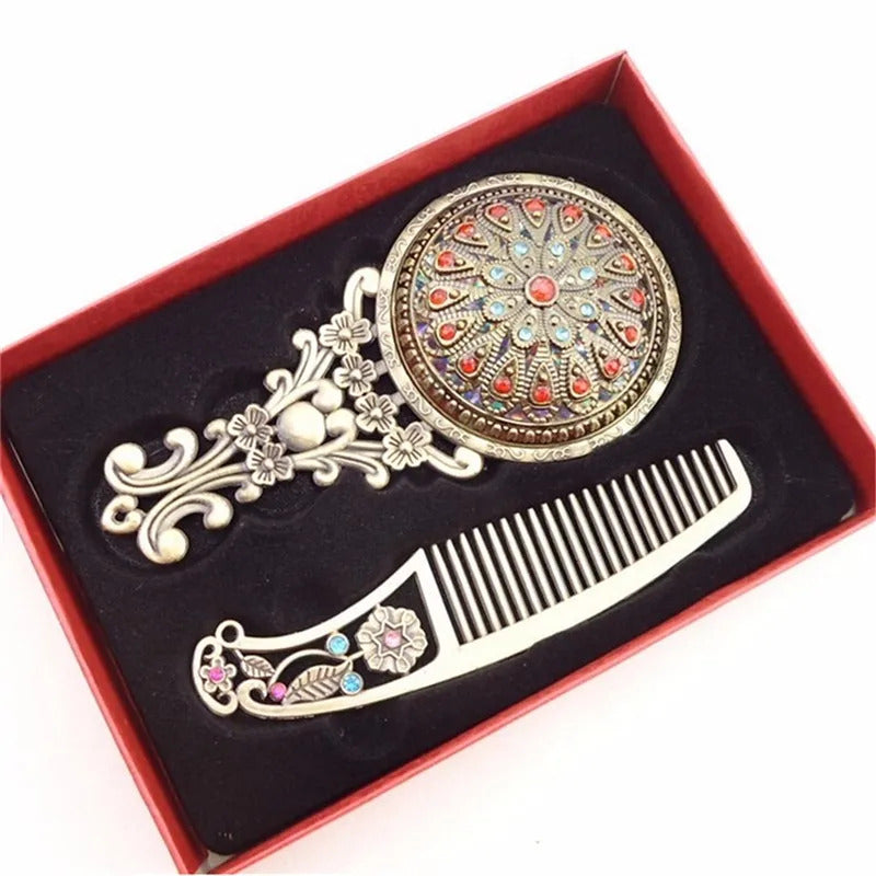L655 Women Chic Retro Vintage pocket Mirror Compact Makeup Mirrors Comb Set Hand Make Up Bronze Hollowed-Out Make Up