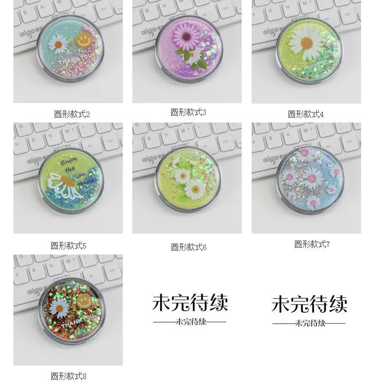 CX682  Double-sided Makeup Mirror Portable Quicksand Sequins Daisy Pattern Cute Girl's Gift Hand Mirror Pocket 2-face Makeup Mirro