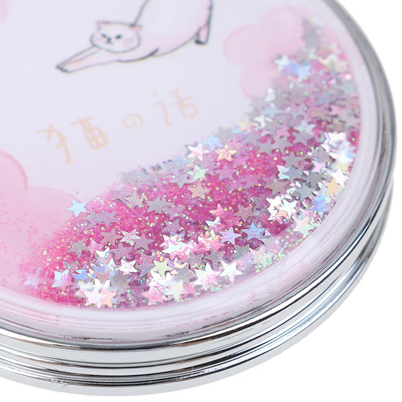 TSHOU921 Double-Sided Folding Cosmetic Mirror Mini Makeup Mirror Compact Pocket Mirror Female Gifts With Flowing Sparkling Sand