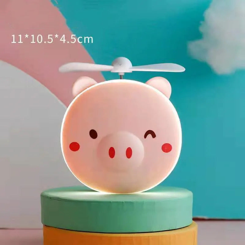 L198 Cartoon Cute Piggy Mini Cosmetic Mirror Compact Portable Pocket Makeup Mirrors Cooling Fan Light Handheld USB Rechargeable