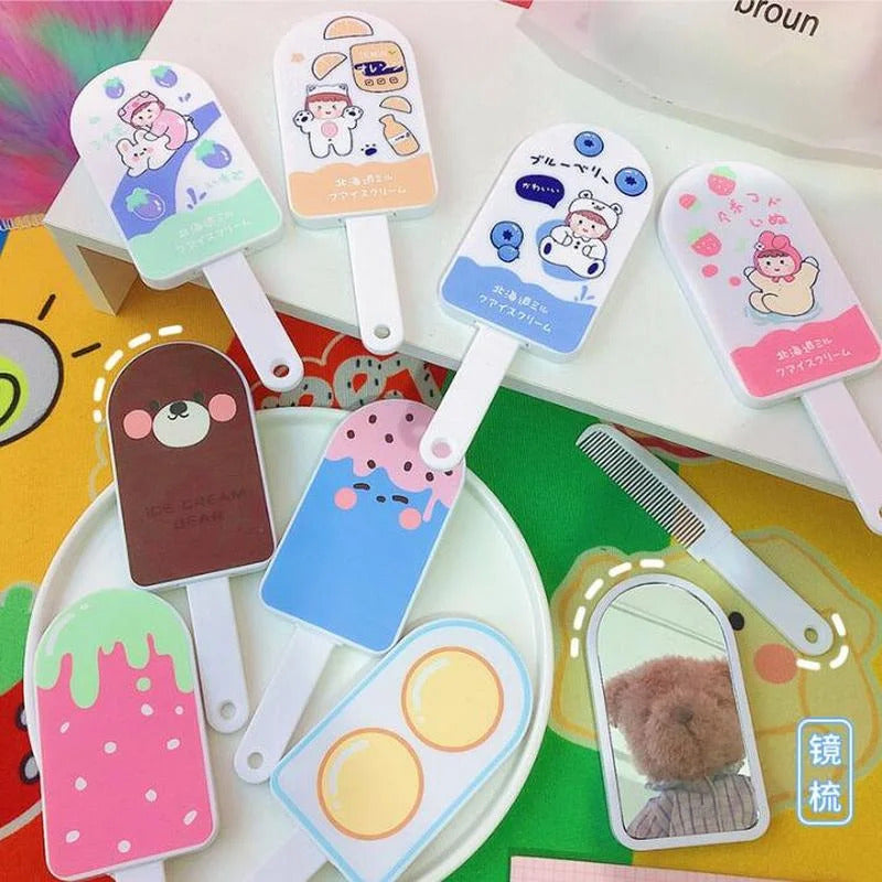 L661 Cartoon Makeup Handle Mirror with Comb Creative Design Comb Mirror Set with Handle Cute Mirror Portable Children Gifts Trave