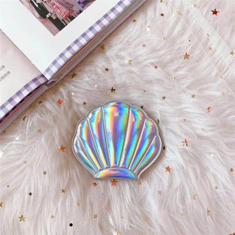 CX192  Creative Sea Shell Shaped Holographic Rainbow Colored Magnifying Compact Cosmetic Double Sided Folding Pocket Mirror