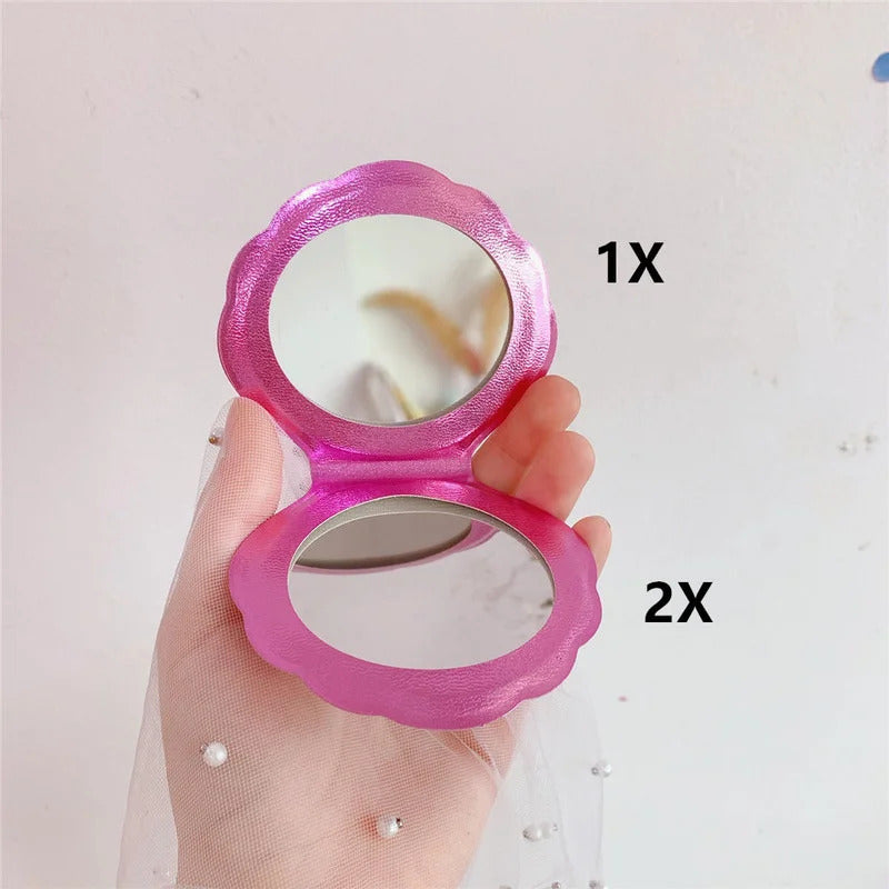 L323 Shell Shape Makeup Mirror 2X Magnifying Mirror Portable Vanity Foldable Laser Travel Pocket Mirror Cosmetic Hand Compac