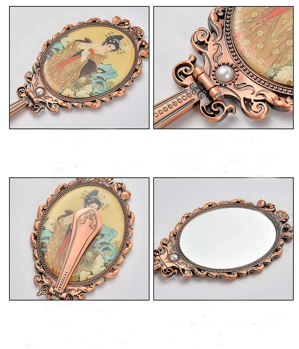 CX176 Foldable Desktop Princess Mirror Chinese Tang Dynasty Character Comb Suit Retro Portable Makeup Mirror Handle Mirror