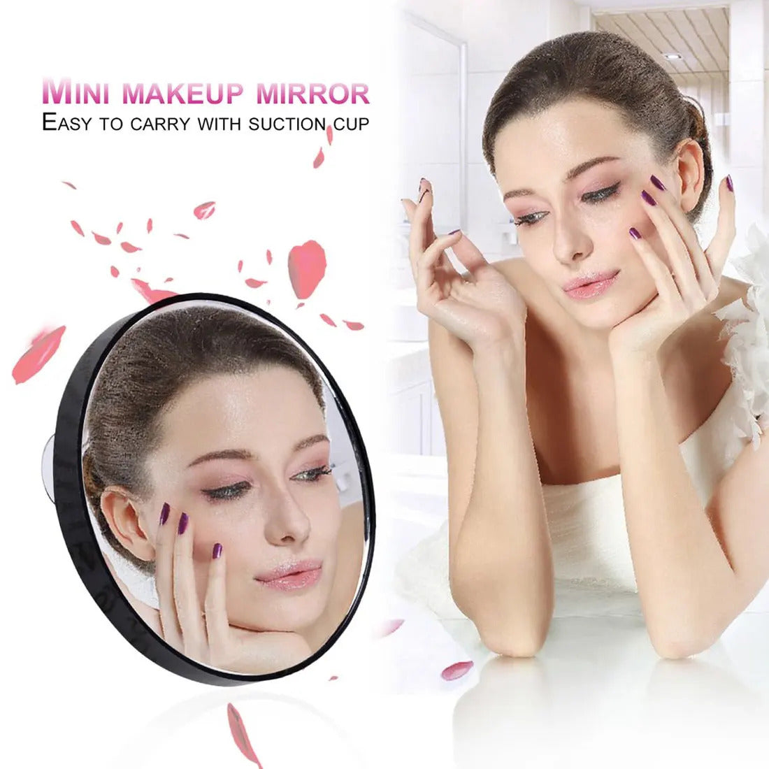 TSHOU1158 Portable Vanity Mini Pocket Round Makeup Magnifying Mirror With Two Suction Cups Compact Cosmetic Mirror Tool 5X 10X