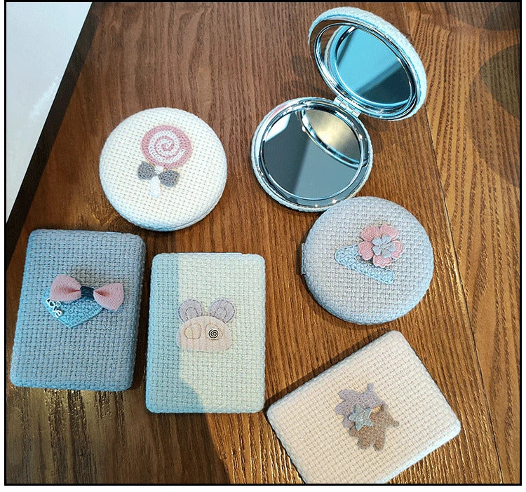 TSHOU874 Double-sided Mirror Makeup Magnifying Handmade Fabric Art DIY Hairy Random Pattern Portable Pocket Mirror